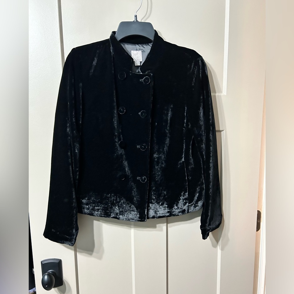 J.Jill Black Velvet Mandarin Double Breasted button blazer Jacket XSP Silk Blend